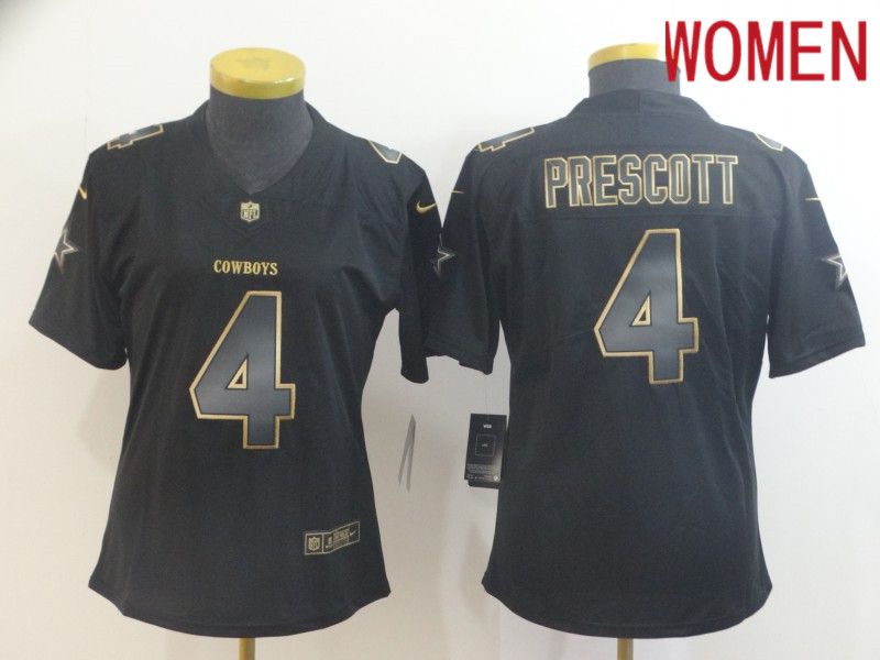 Women Dallas cowboys #4 Prescott Nike Vapor Limited Black Golden NFL Jerseys->women nfl jersey->Women Jersey